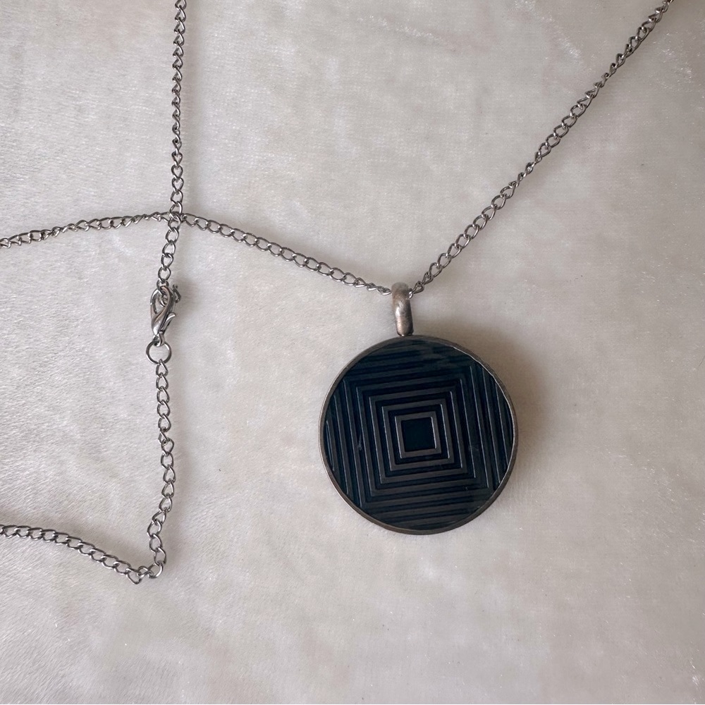 Blue Geometric Textured Metal Pendant and Silver Tone Chain